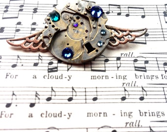 Steampunk Brooch with Wings in Blue