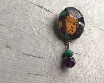 Recycled Comic Book Brooch with Amethyst