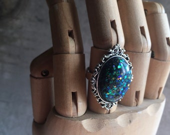 Gothic Dark Rainbow Resin Ring in Silver