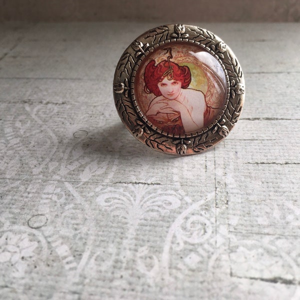 Art Nouveau Ring in Red and Orange tones, Mucha Inspired