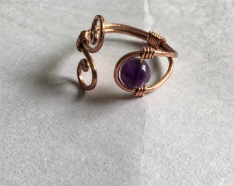 Amethyst Ring in Copper, Brass or Silver -Adjustable