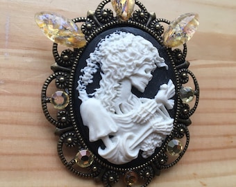 Gothic Brooch in Antique Brass with Skeleton Woman and Vintage Rhinestones