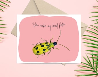 Carte You Make My Heart Flutter // Carte Punny // Carte de vœux Bug // Carte de la Saint-Valentin