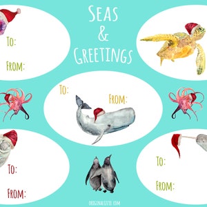 Christmas Animal Wrapping Paper // Ocean Sea Santa Gift Wrap // Unique Wrapping Paper // Gift Wrap Sheets 1 set (10 labels)