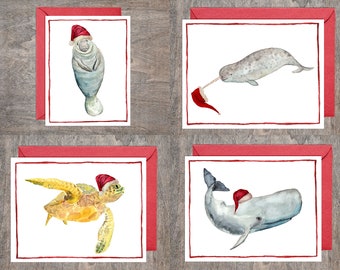 Ocean Christmas Card Set // Santa Sea Life Animals Cards // Assorted Cards
