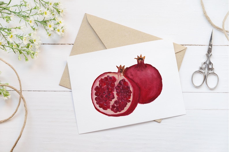 Pomegranate Note Card Set Watercolor Set of 8 cards Fruit Greeting Card image 1