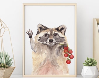 Raccoon Caught with Tomatoes Watercolor Painting - art print