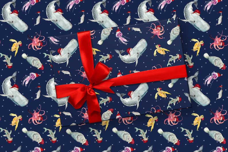 Christmas Animal Wrapping Paper // Ocean Sea Santa Gift Wrap // Unique Wrapping Paper // Gift Wrap Sheets image 1