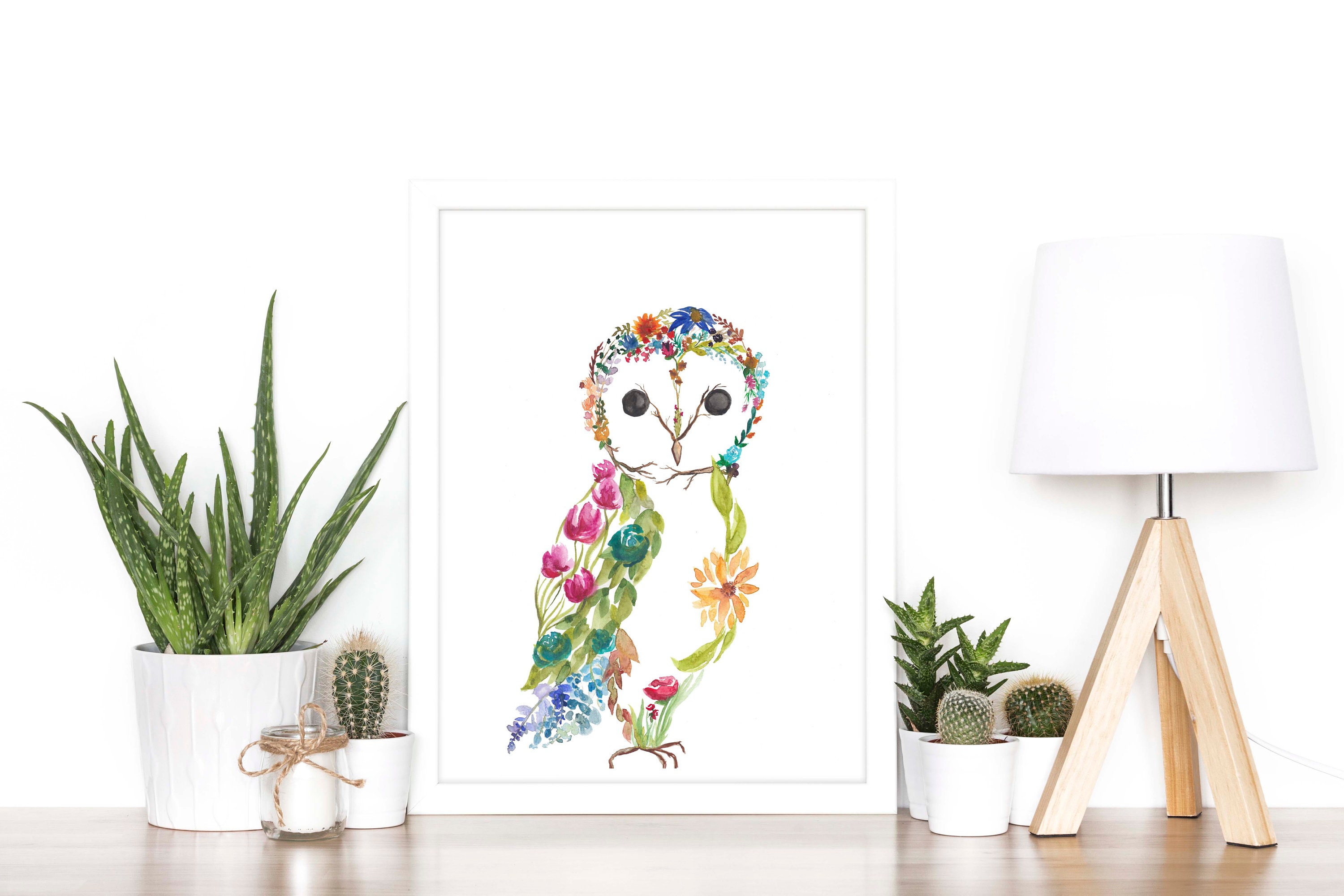 Floral Owl / Flowers Watercolor Painting - Owl art print