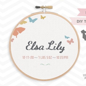 BUTTERFLY BIRTH ANNOUNCEMENT counted cross stitch pattern, personalized nursery decor pdf