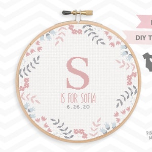 PRETTY PEACHY BIRTH announcement counted cross stitch pattern, new baby girl sampler, easy modern shower gift, xstitch embroidery record pdf