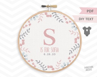 PRETTY PEACHY BIRTH announcement counted cross stitch pattern, new baby girl sampler, easy modern shower gift, xstitch embroidery record pdf