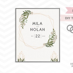 GEOMETRIC WEDDING RECORD counted cross stitch pattern, custom diy bridal shower engagement xstitch pdf
