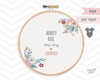 FLORAL BIRTH ANNOUNCEMENT counted cross stitch pattern, baby girl sampler xstitch pdf