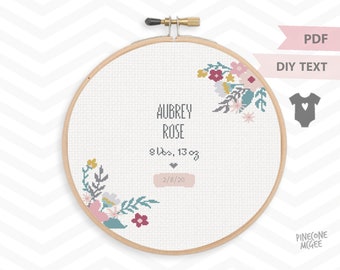 FAIRE-PART DE NAISSANCE FLORAL grille point de croix compté, baby girl sampler xstitch pdf