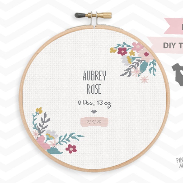 FLORAL BIRTH ANNOUNCEMENT counted cross stitch pattern, baby girl sampler xstitch pdf