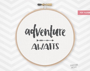 ADVENTURE AWAITS counted cross stitch pattern, easy typography quote pdf