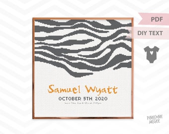 ZEBRA BABY ANNOUNCEMNT counted cross stitch pattern, safari birth record xstitch pdf