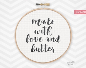 MADE WITH LOVE and butter counted cross stitch pattern, beginner kitchen home decor pdf