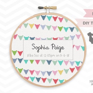 BUNTING BABY ANNOUNCEMENT counted cross stitch pattern, personalized nursery decor xstitch pdf