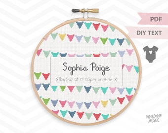 BUNTING BABY ANNOUNCEMENT counted cross stitch pattern, personalized nursery decor xstitch pdf