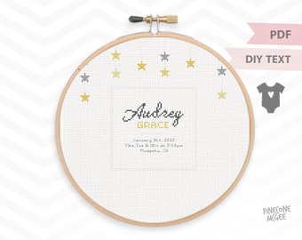 GOLD STAR BIRTH record counted cross stitch pattern, easy baby announcement pdf