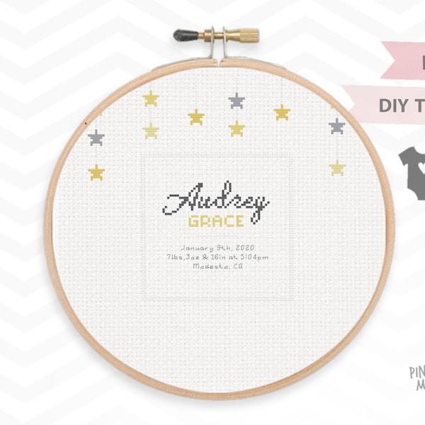 GOLD STAR BIRTH record counted cross stitch pattern, easy baby announcement pdf