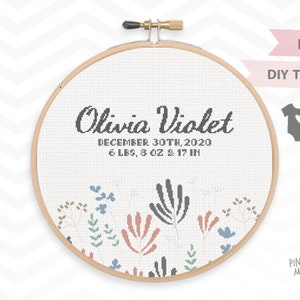 FLOWER SAMPLER BABY announcement counted cross stitch pattern, new baby girl xstitch pdf