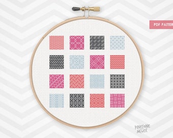 PINK BLACKWORK SAMPLER counted cross stitch pattern,modern geometric xstitch pdf