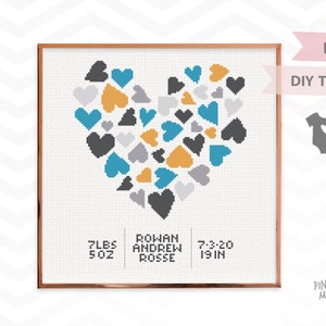 HEARTS announcement counted cross stitch pattern, easy newborn boy birth record pdf