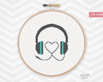 HEART MUSIC HEADPHONES counted cross stitch pattern, xstitch pdf