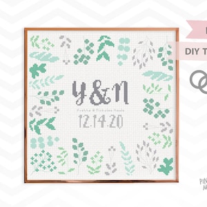 FERN WEDDING MONOGRAM counted cross stitch pattern, engagement gift xstitch pdf