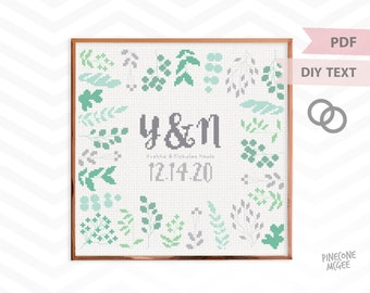 FERN WEDDING MONOGRAM counted cross stitch pattern, engagement gift xstitch pdf