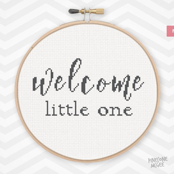 WELCOME LITTLE ONE counted cross stitch pattern, easy beginner quote for baby nursery