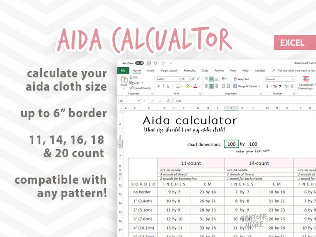 NEW AIDA BORDER Calculator Microsoft Excel Document Cross Stitch Cloth