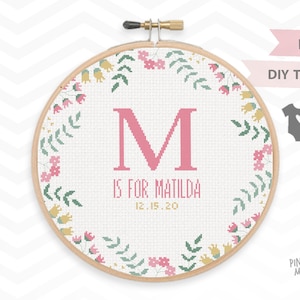 PRETTY BIRTH ANNOUNCEMENT counted cross stitch pattern, personalized baby girl sampler gift pdf