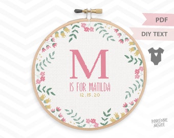 PRETTY BIRTH ANNOUNCEMENT counted cross stitch pattern, personalized baby girl sampler gift pdf