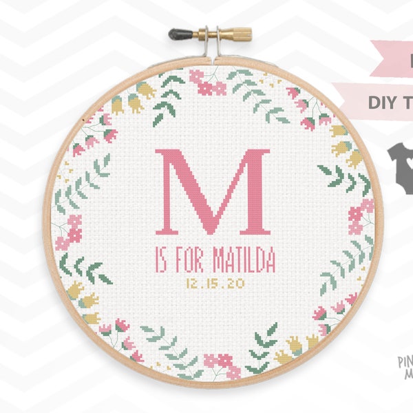 PRETTY BIRTH ANNOUNCEMENT counted cross stitch pattern, personalized baby girl sampler gift pdf