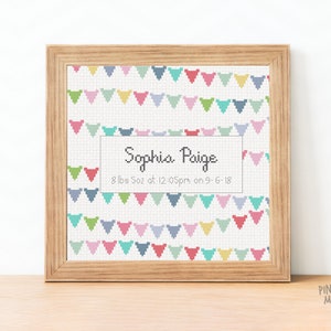 Peut inclure: Un motif de point de croix encadr&eacute; avec un motif de guirlande color&eacute; et le texte "Sophia Paige 8 lbs 5oz &agrave; 12h05 le 9-6-18"