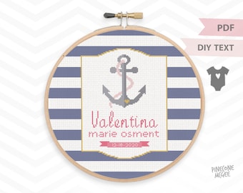 ANCHOR STRIPES BABY announcement counted cross stitch pattern, nautical girl nursery decor, new birth shower gift, easy customizable diy pdf