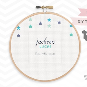 BIRTHDAY STAR RECORD counted cross stitch pattern, new boy birth announcement xstitch pdf
