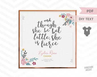 SHE IS FIERCE baby announcement counted cross stitch pattern, modern nursery birth record pdf