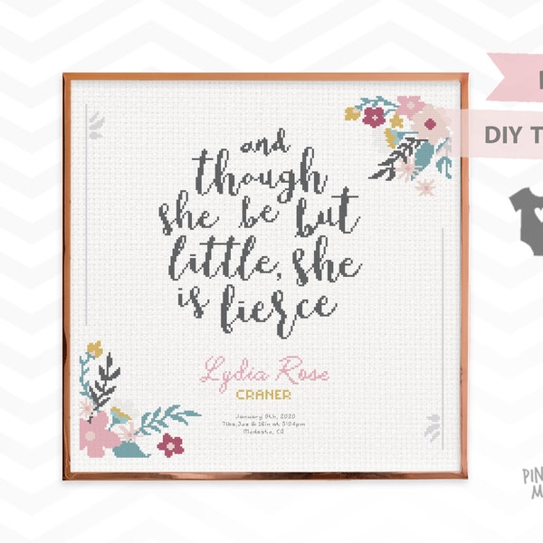 SHE IS FIERCE baby announcement counted cross stitch pattern, modern nursery birth record pdf