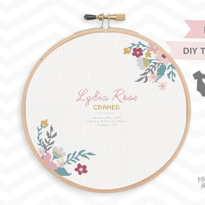 BOUQUET BABY announcement counted cross stitch pattern, modern personalized embroidery xstitch pdf