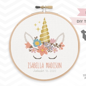 UNICORN BABY ANNOUNCEMENT counted cross stitch, modern flower birth shower nursery diy cusomizable pdf