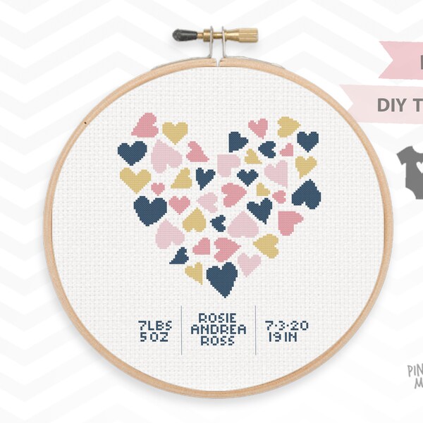 Annuncio DEL MAZZO DI CUORI NASCITA schema punto croce. nuovo disco per bambina, regalo personalizzato per doccia xstitch neonato con cuore blu scuro