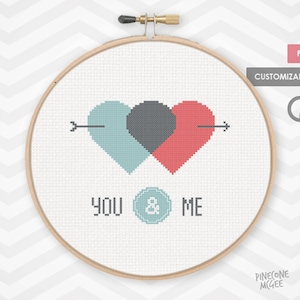 YOU & ME cross stitch pattern, easy personalizable wedding announcement with heart xstitch chart sampler pdf
