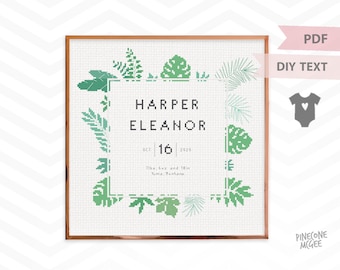 ANNONCE BÉBÉ TROPICAL motif point de croix compté, carnet de naissance hawaïen shower cadeau diy personnalisable pdf