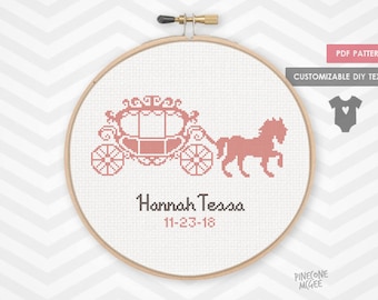 CARRIAGE BIRTH ANNOUNCEMENT counted cross stitch pattern, easy nursery baby record pdf