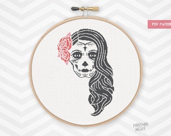 ROSE SUGAR SKULL cross stitch pattern, halloween & dia de las muertos xstitch pdf